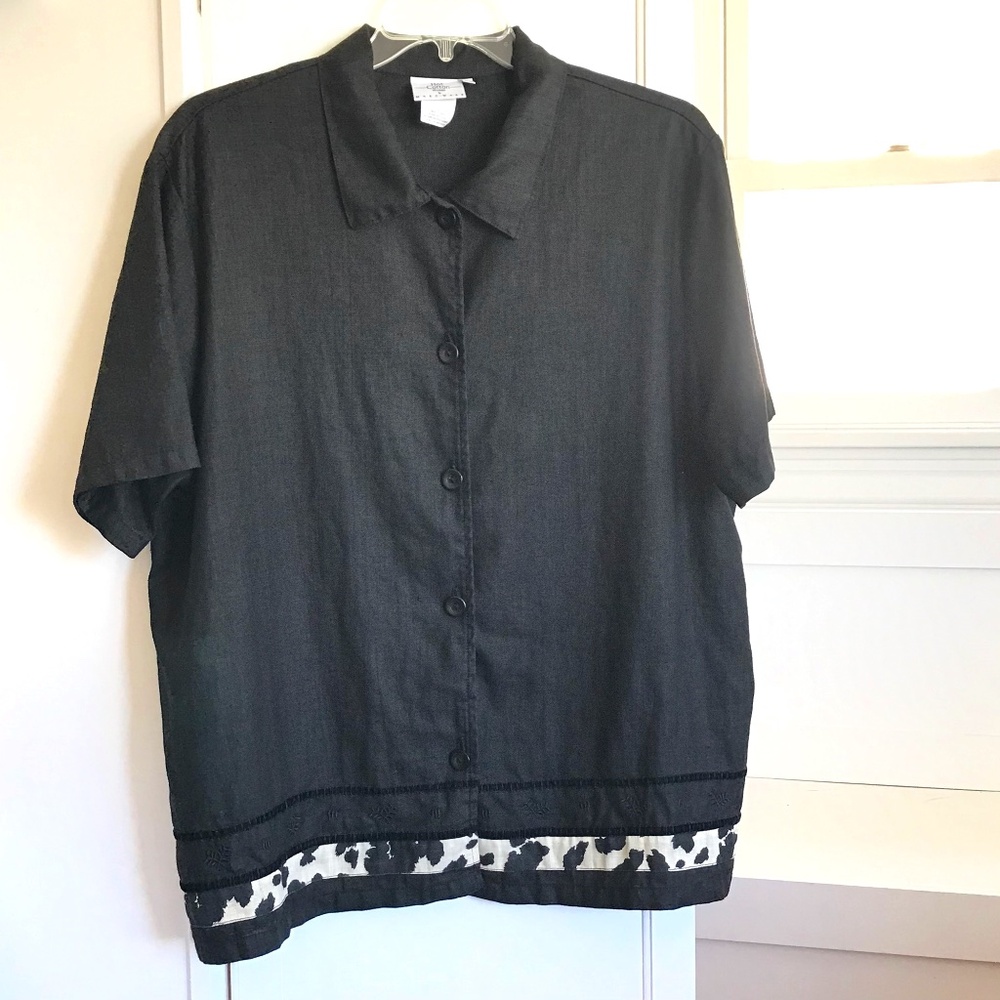HOT COTTON Linen Animal Print Embroidered Button Down Top Black Plus Size 2X